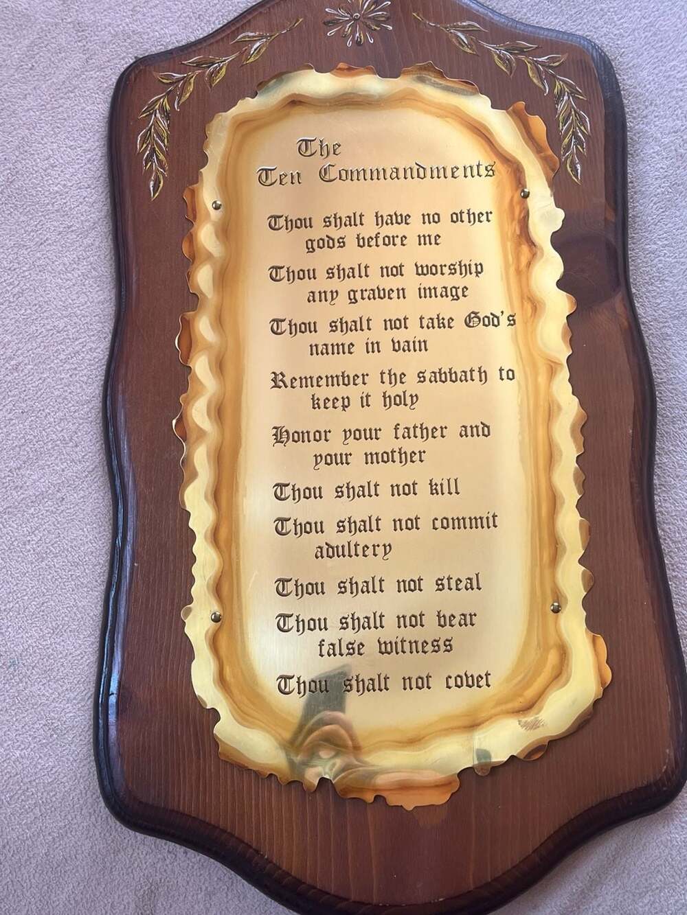 Vintage The Ten Commandments Wooden Wall Plaque with Gold Tone Metal Plate